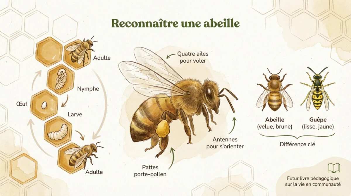 Illustration pédagogique montrant le cycle de vie de l'abeille, son anatomie détaillée et la distinction entre abeille et guêpe.