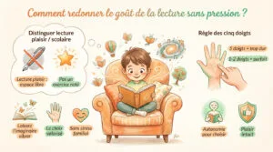 Infographie sur les astuces pour encourager la lecture plaisir chez les enfants. Un enfant lit, entouré d'icônes expliquant la règle des cinq doigts, le choix et l'imagination.