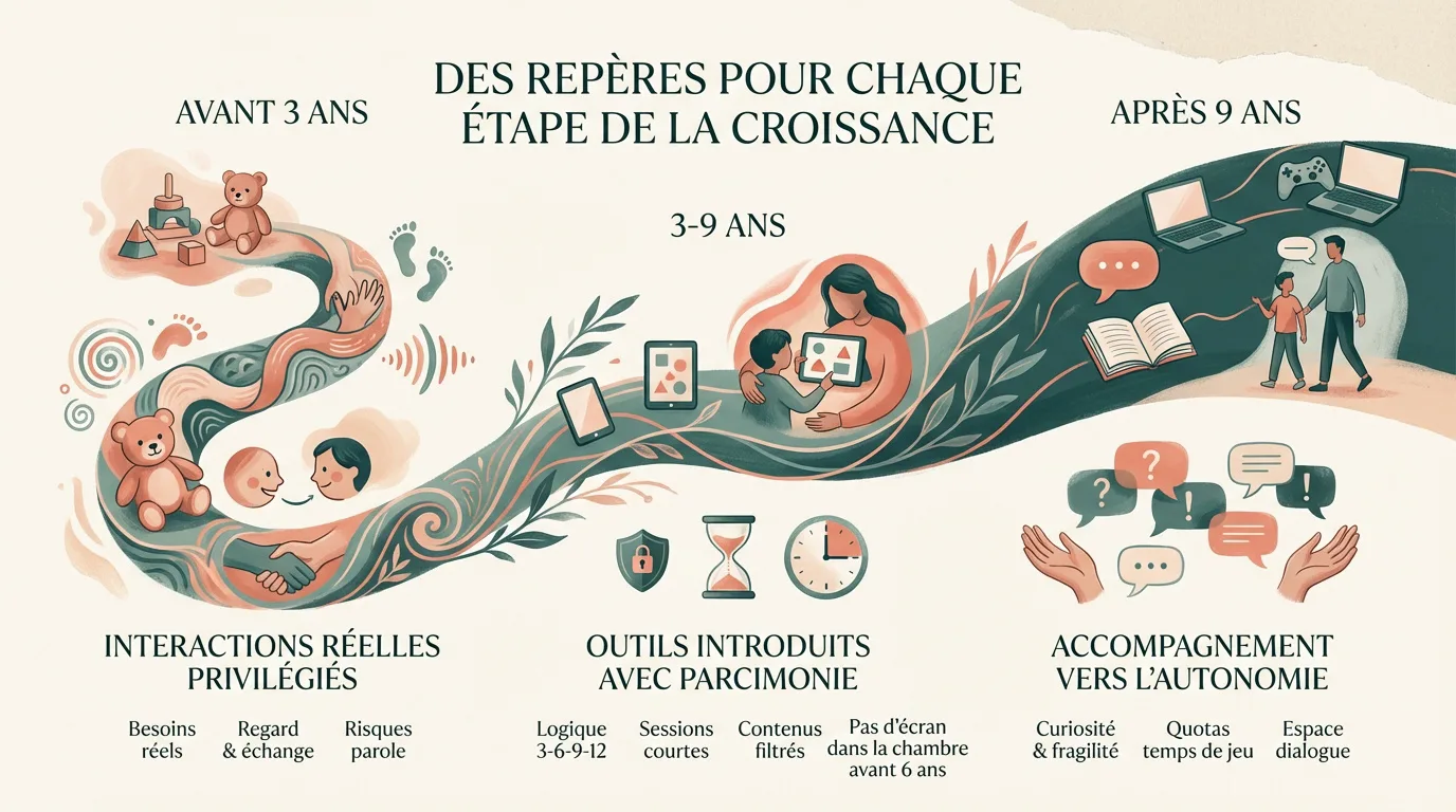 Infographie sur l'équilibre écrans/enfants par âge: interactions réelles avant 3 ans, outils limités 3-9 ans, autonomie après 9 ans.