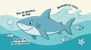 Dessin d'un requin bleu souriant sous l'eau, entouré de poissons et d'une étoile de mer. Textes: "Pas un monstre de film", "Mange de petits poissons", "Rencontres rares".