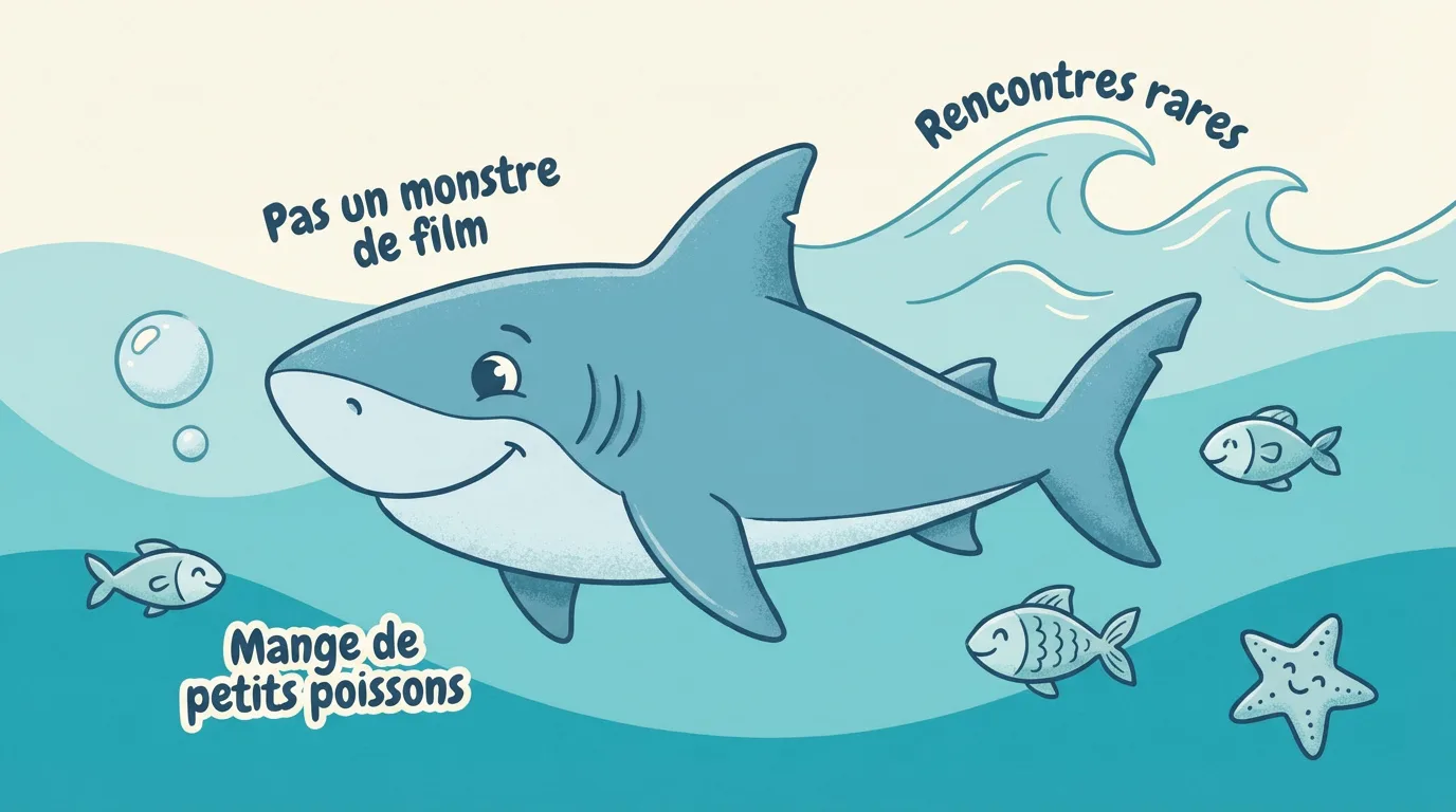 Dessin d'un requin bleu souriant sous l'eau, entouré de poissons et d'une étoile de mer. Textes: "Pas un monstre de film", "Mange de petits poissons", "Rencontres rares".
