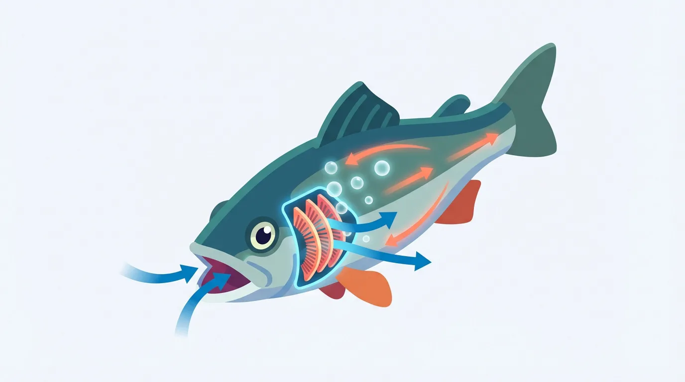 Illustration didactique de la respiration branchiale d'un poisson. L'eau entre par la bouche, traverse les branchies, et l'oxygène est absorbé.