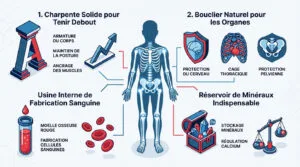 Infographie illustrant les quatre rôles principaux du squelette humain : soutien, protection des organes, production sanguine et réserve minérale.