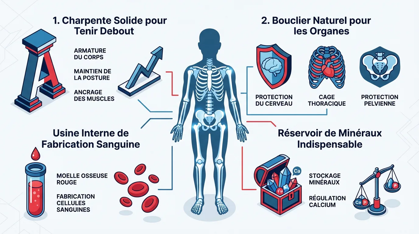 Infographie illustrant les quatre rôles principaux du squelette humain : soutien, protection des organes, production sanguine et réserve minérale.