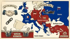 Carte didactique sur la PGM : alliances, assassinat de Sarajevo, empires centraux, alliés, Russie, tranchées et guerre d'usure.