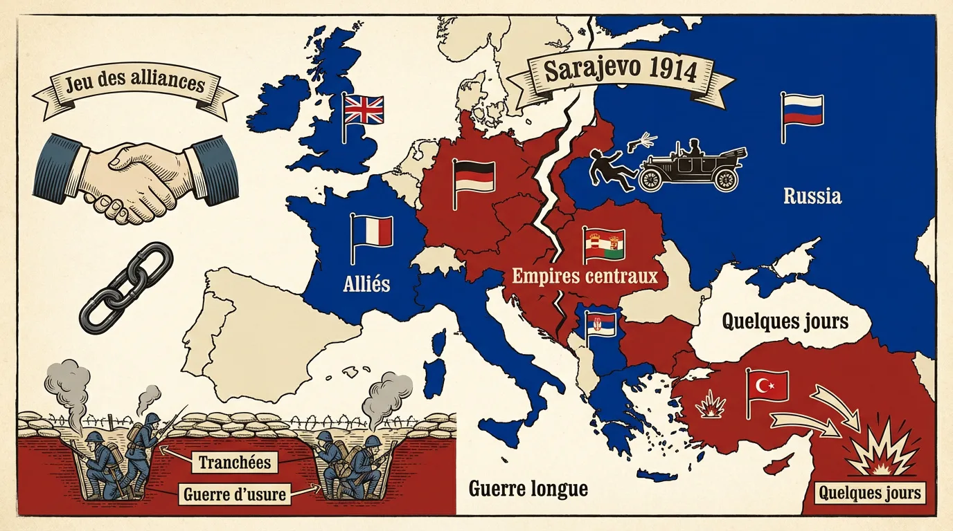 Carte didactique sur la PGM : alliances, assassinat de Sarajevo, empires centraux, alliés, Russie, tranchées et guerre d'usure.