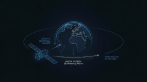Schéma explicatif d'un satellite en orbite terrestre. Indique l'équilibre gravité/force centrifuge, la vitesse orbitale et le vide spatial.