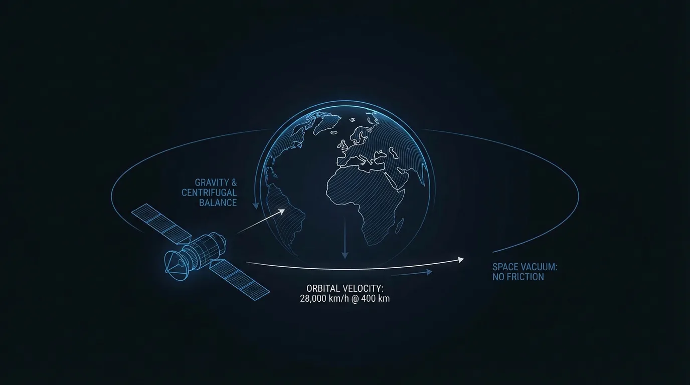 Schéma explicatif d'un satellite en orbite terrestre. Indique l'équilibre gravité/force centrifuge, la vitesse orbitale et le vide spatial.