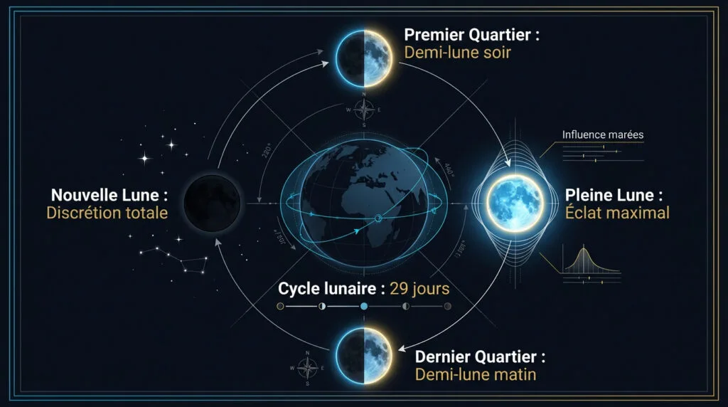 Schéma explicatif des différentes phases du cycle lunaire autour de la Terre