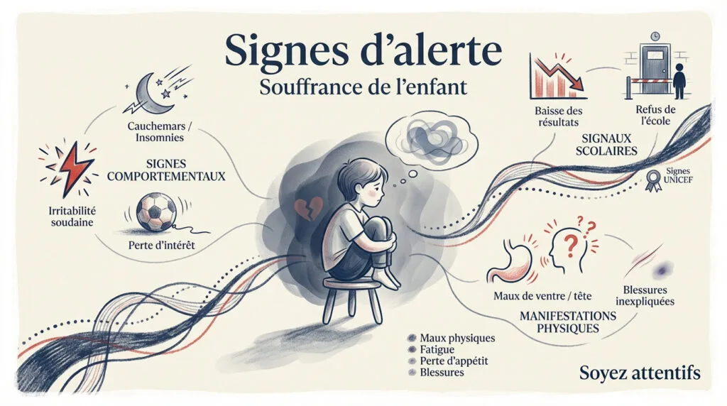 Enfant triste et isolé à l'école illustrant les signes de souffrance