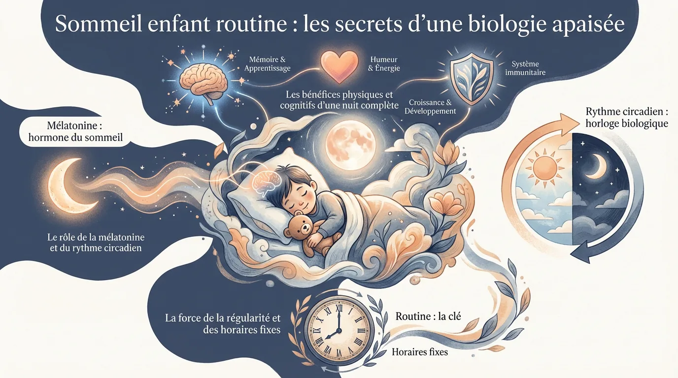 Infographie illustrant un enfant dormant, expliquant les bienfaits du sommeil, le rôle de la mélatonine, du rythme circadien et de la routine.