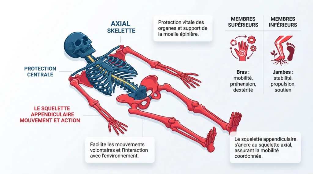 Schéma comparatif du squelette axial et du squelette appendiculaire