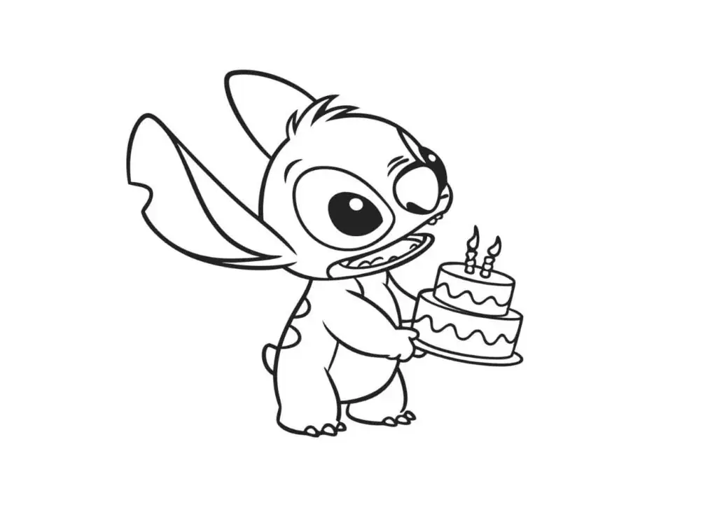 Coloriage Stitch avec gâteau anniversaire à imprimer