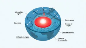 Diagramme des couches de la Terre: noyau, manteau avec courants de convection, et lithosphère rigide montrant la séparation et la convergence des plaques.