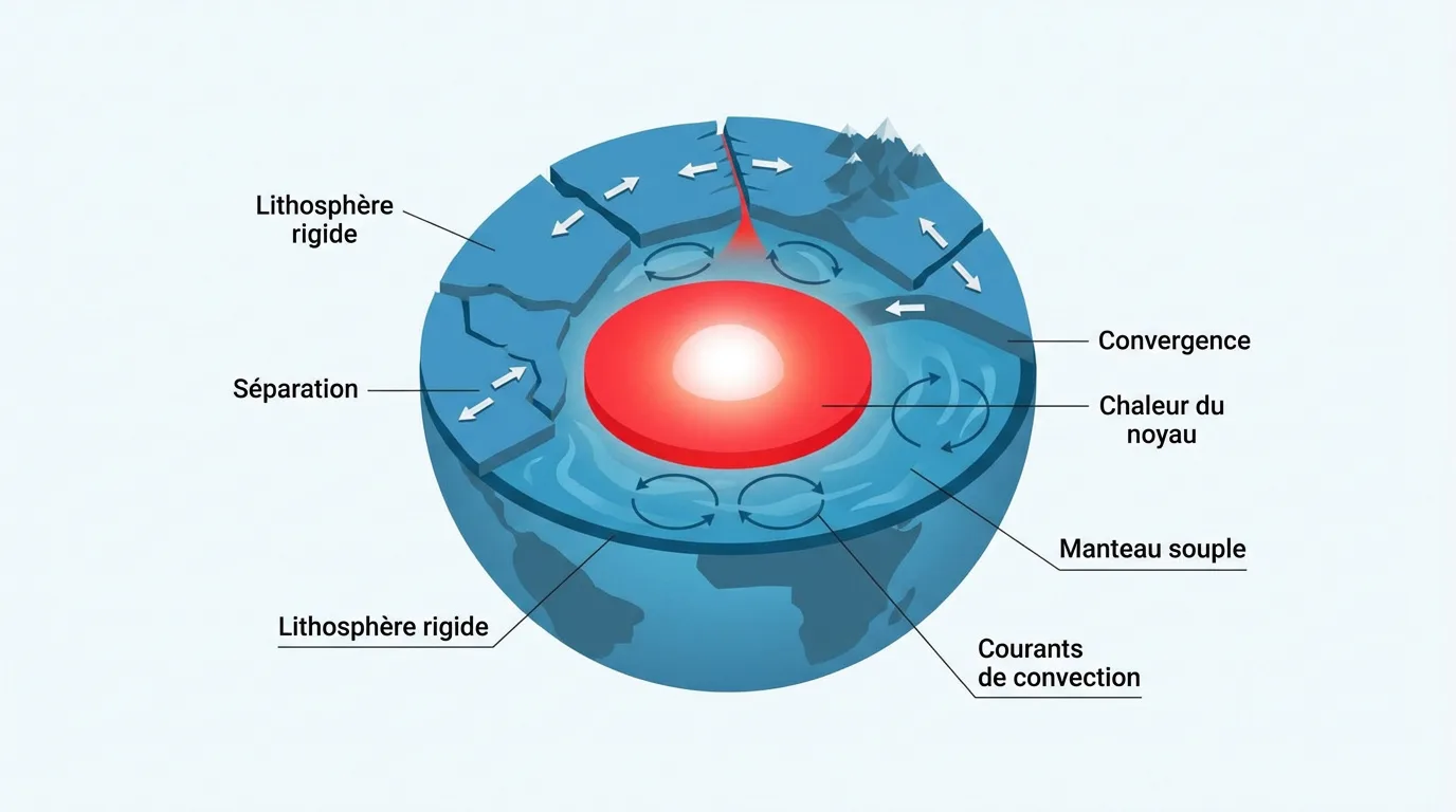 Diagramme des couches de la Terre: noyau, manteau avec courants de convection, et lithosphère rigide montrant la séparation et la convergence des plaques.
