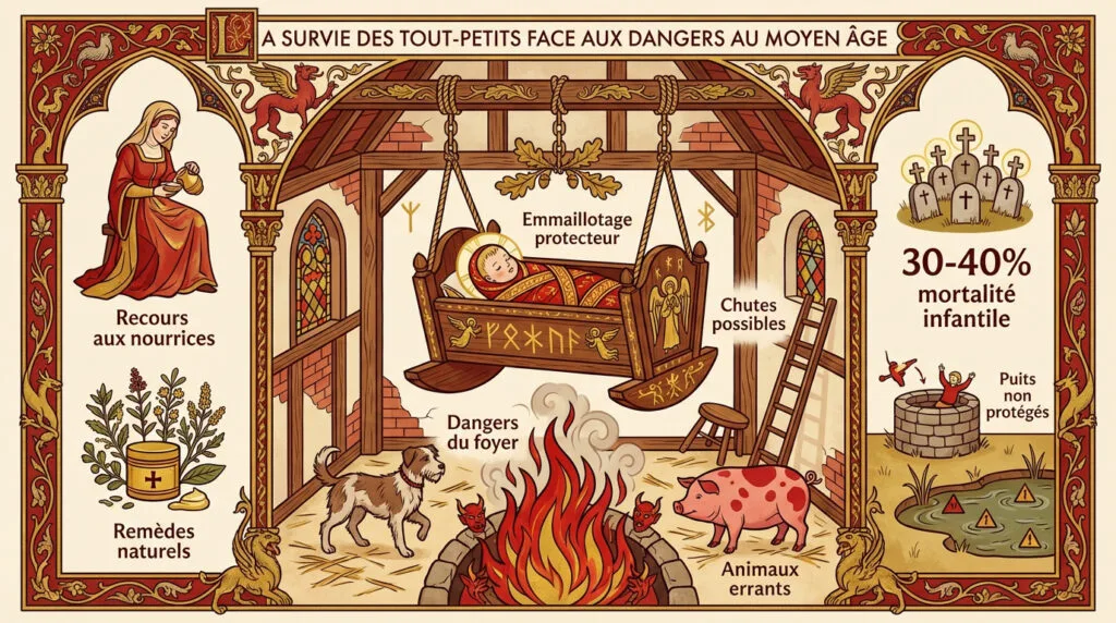 Représentation d'un nourrisson médiéval dans son berceau près du foyer