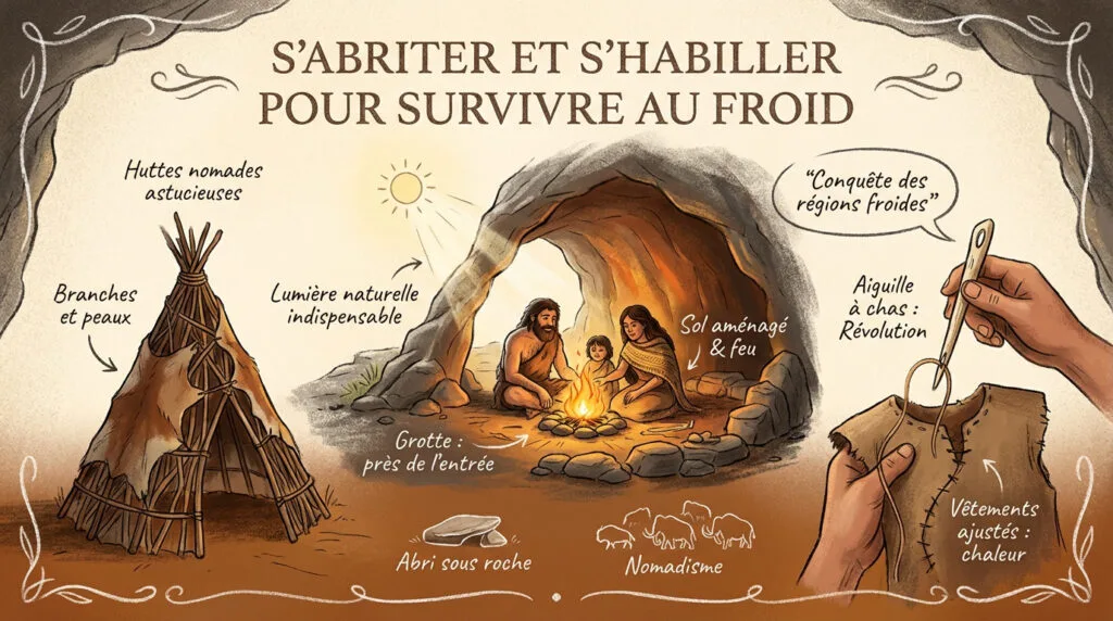 Illustration de l'habitat et des vêtements en peaux de l'homme de Cro-Magnon