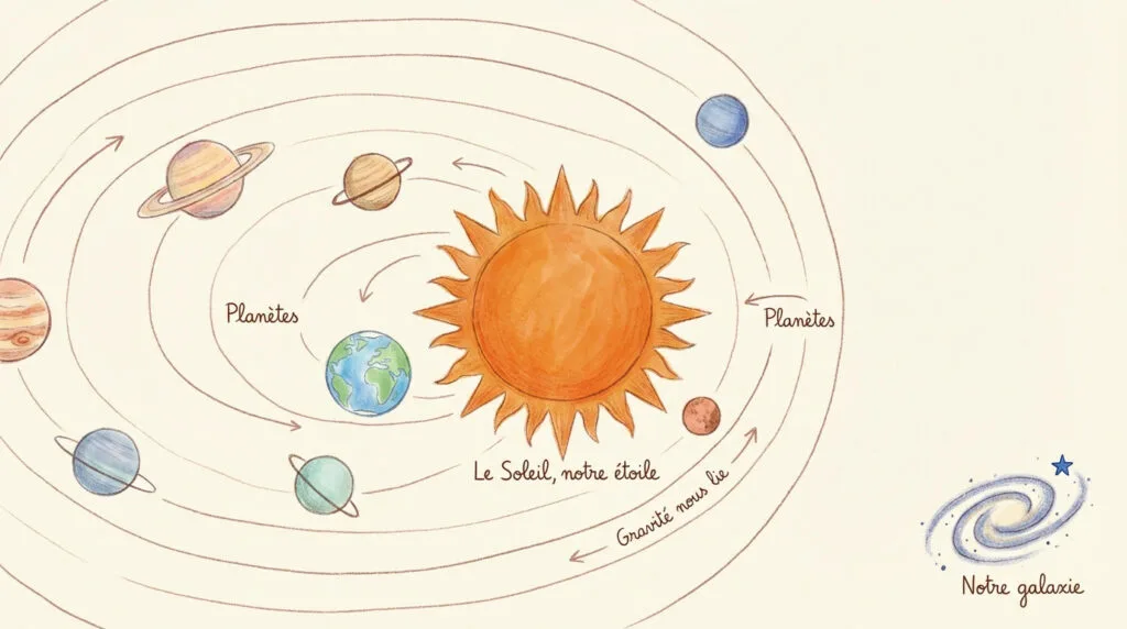 Dessin coloré du système solaire avec le soleil et les huit planètes en orbite