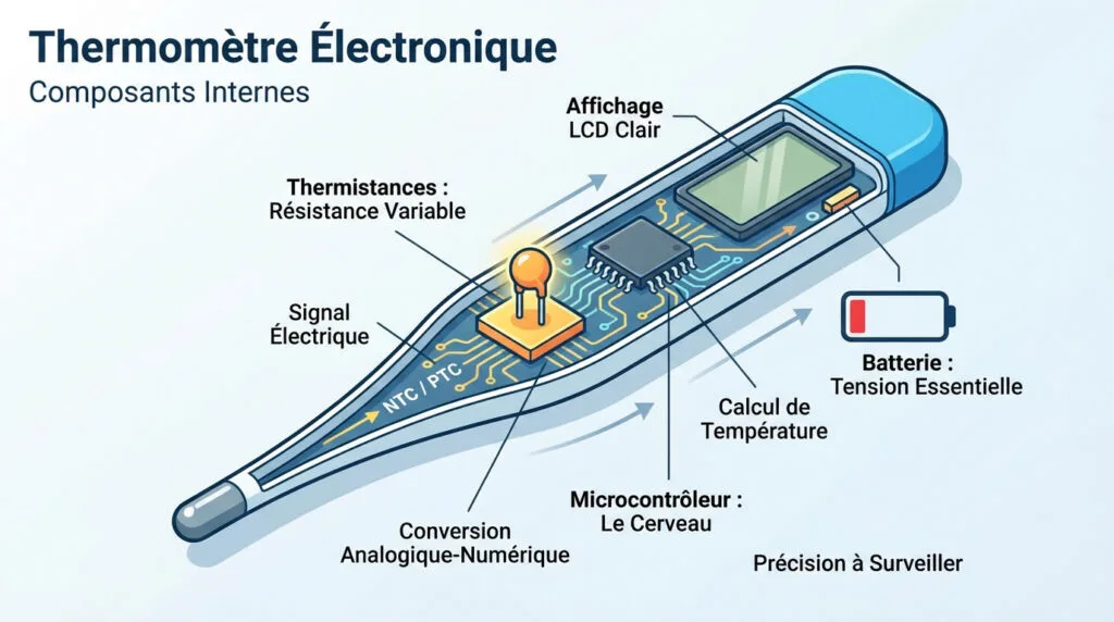 Vue interne des composants électroniques d'un thermomètre numérique