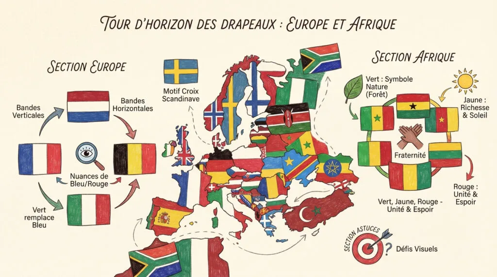 Enfants qui découvrent les drapeaux colorés de l'Europe et de l'Afrique sur des fiches éducatives