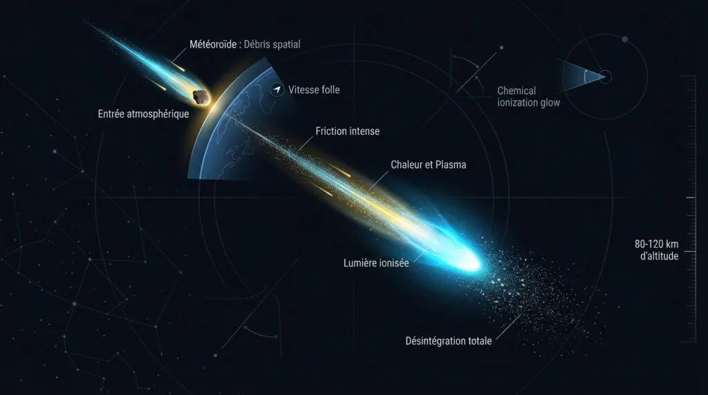 Schéma de la trajectoire d'un météoroïde entrant dans l'atmosphère terrestre