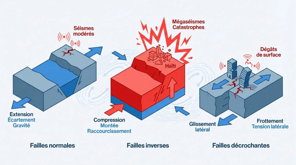 Schéma explicatif des différents types de failles géologiques et mouvements tectoniques