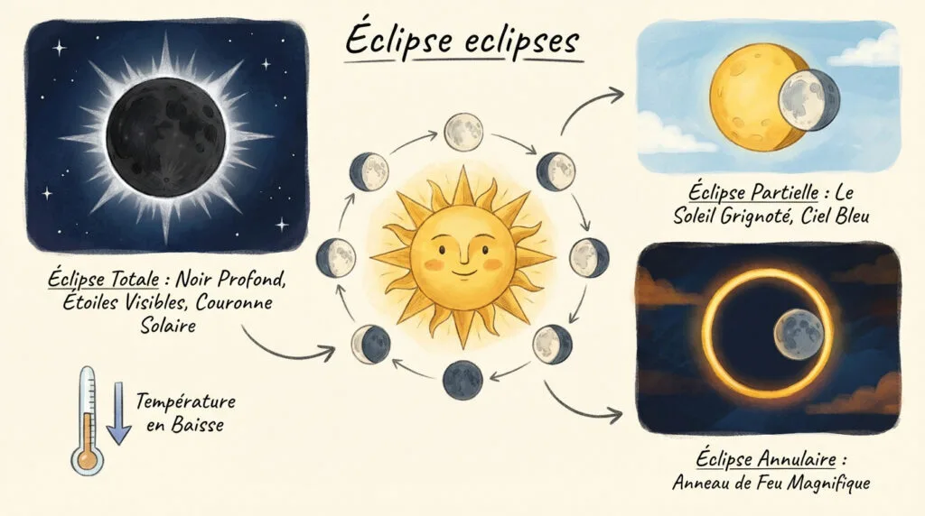 Illustration des trois types d'éclipses solaires : totale, partielle et annulaire