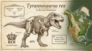 Infographie détaillée du Tyrannosaure rex, avec un squelette, l'étymologie du nom et une carte de son habitat préhistorique en Laramidia.