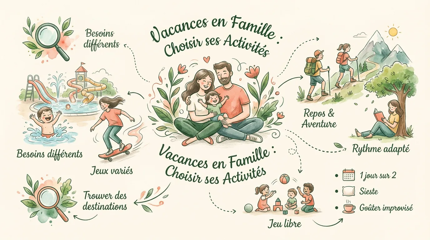 Infographie colorée illustrant comment choisir des activités pour des vacances en famille, avec diverses scènes d'activités.