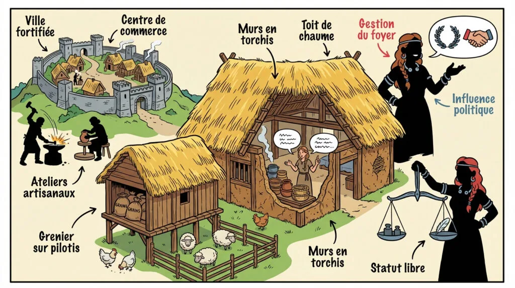 Reconstitution d'une ferme gauloise en bois et torchis avec son toit de chaume