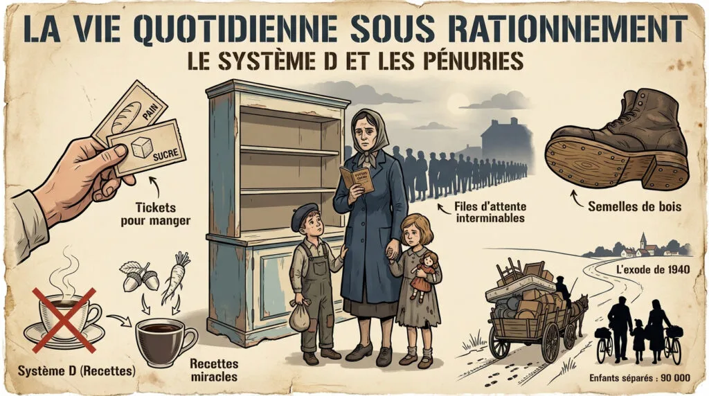 Famille française utilisant des tickets de rationnement pour se nourrir durant la guerre