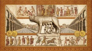 Illustration de l'enfance romaine: fresques et mosaïques d'enfants jouant, étudiant, avec la Louve capitoline et un aqueduc.
