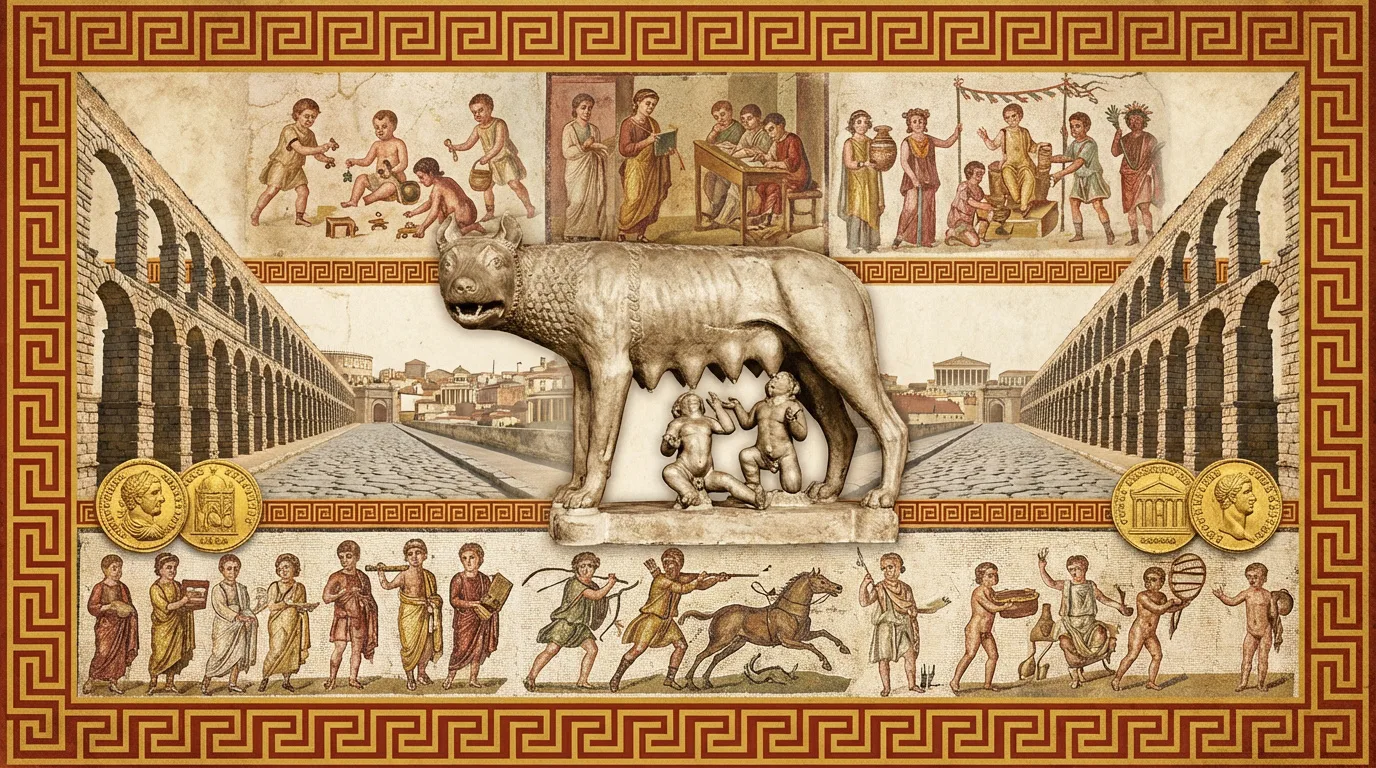Illustration de l'enfance romaine: fresques et mosaïques d'enfants jouant, étudiant, avec la Louve capitoline et un aqueduc.