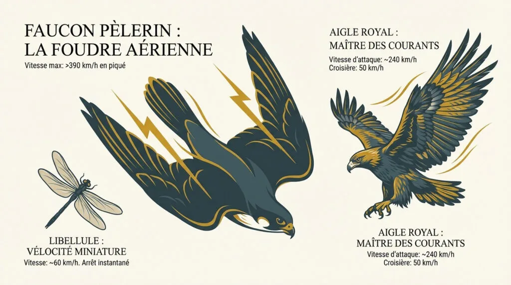 Faucon pèlerin et aigle royal en plein vol de chasse