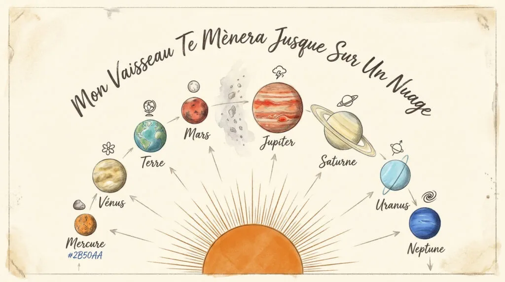 Illustration pédagogique du système solaire avec le soleil et les huit planètes alignées
