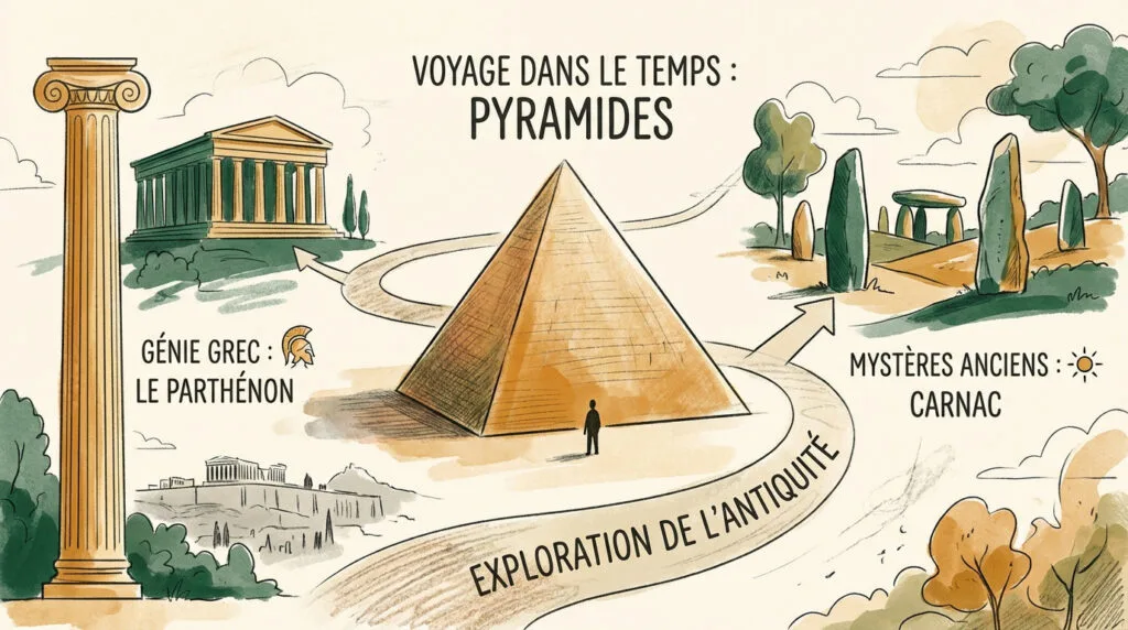 Illustration des pyramides d'Égypte et du Sphinx sous un ciel étoilé