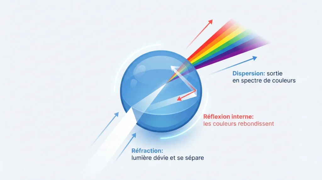 Schéma du trajet d'un rayon lumineux subissant une réfraction et une réflexion dans une goutte d'eau