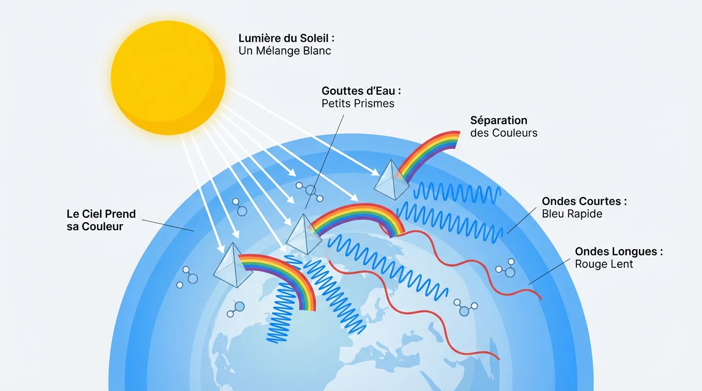 Diagramme éducatif expliquant pourquoi le ciel est bleu. La lumière blanche du soleil est dispersée par des "prismes" dans l'atmosphère, révélant les ondes bleues.