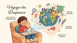 Illustration d'un enfant lisant un livre d'où émergent un globe terrestre et des drapeaux du monde. Thème : découverte géographique et culturelle.
