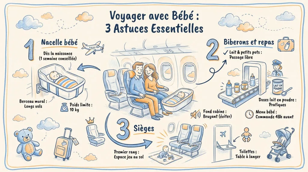 Bébé souriant installé confortablement dans une nacelle d'avion lors d'un vol long-courrier
