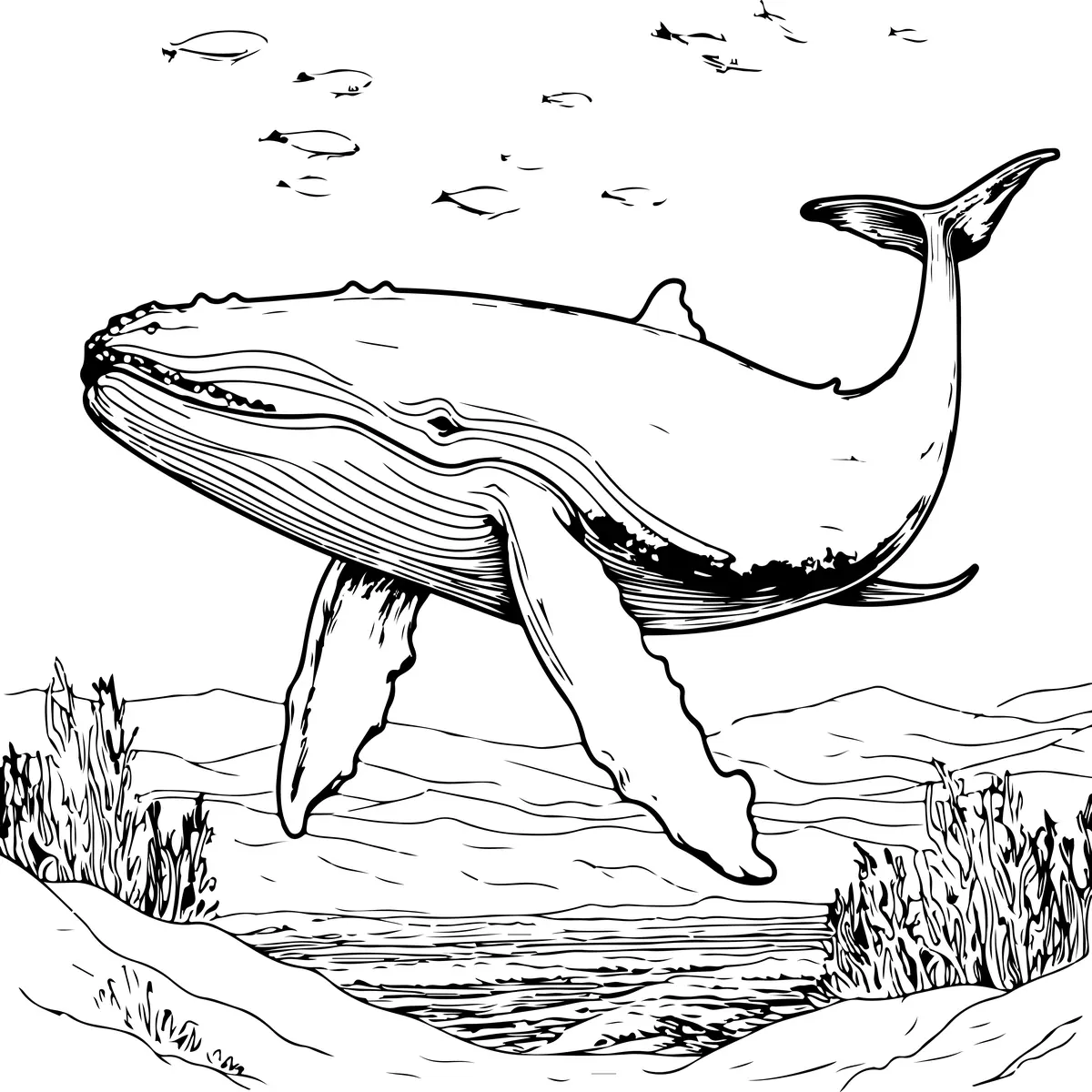 Coloriage baleine à bosse dans les fonds marins à imprimer