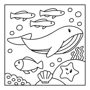 Coloriage baleine kawaii avec poissons coraux et étoile de mer à imprimer