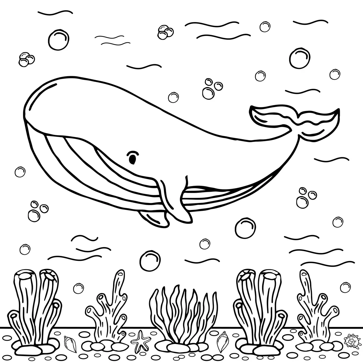 Coloriage baleine mignonne au-dessus des coraux à imprimer