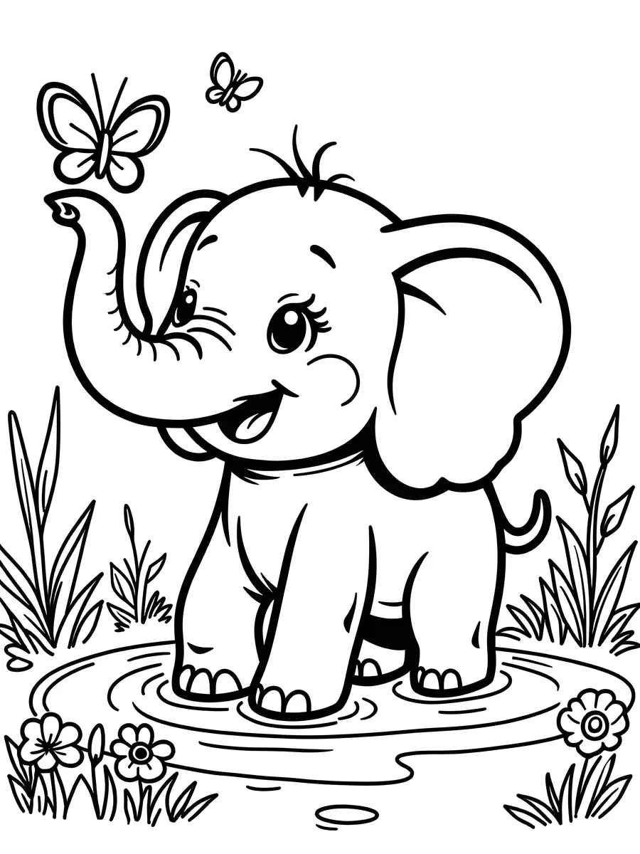 Coloriage bébé éléphant qui joue avec un papillon dans une mare à imprimer