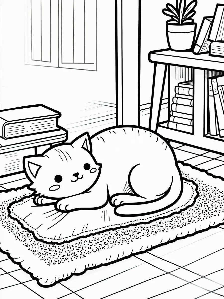 Coloriage chat couché sur un tapis devant une bibliothèque à imprimer