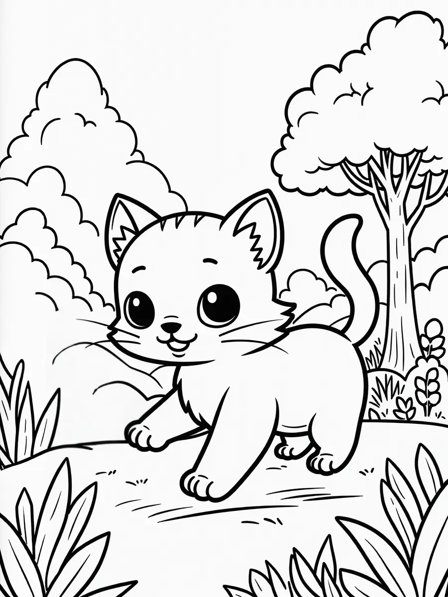 Coloriage chaton aventurier qui se promène en forêt à imprimer