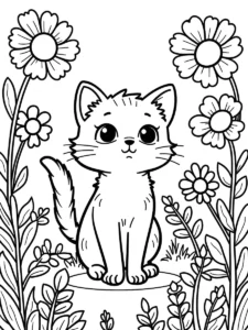 Coloriage chaton mignon assis au milieu de grandes marguerites à imprimer