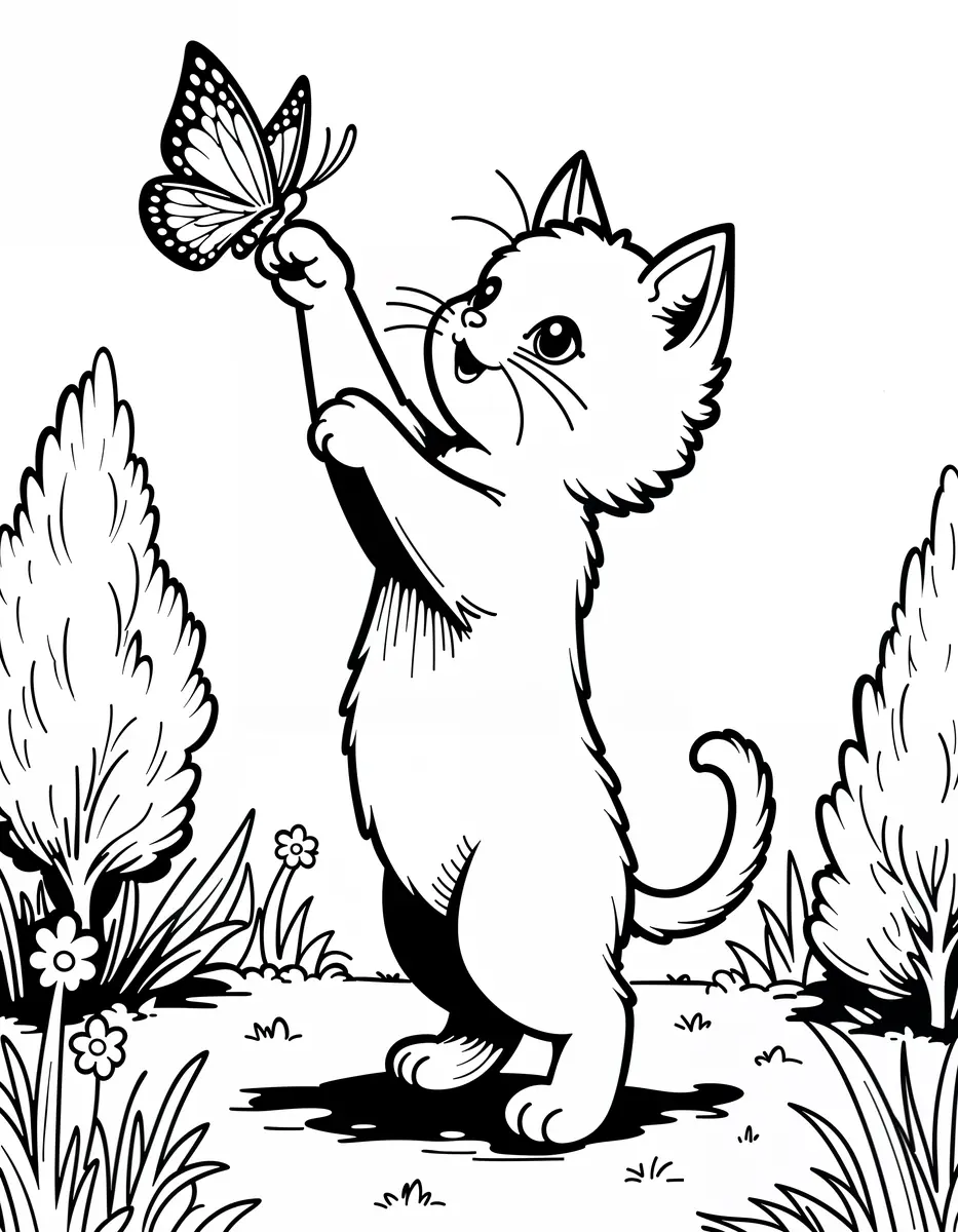 Coloriage chaton joueur attrapant un papillon dans la nature à imprimer