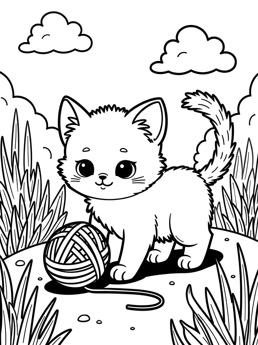 Coloriage chaton joueur avec une pelote de laine dans l'herbe à imprimer