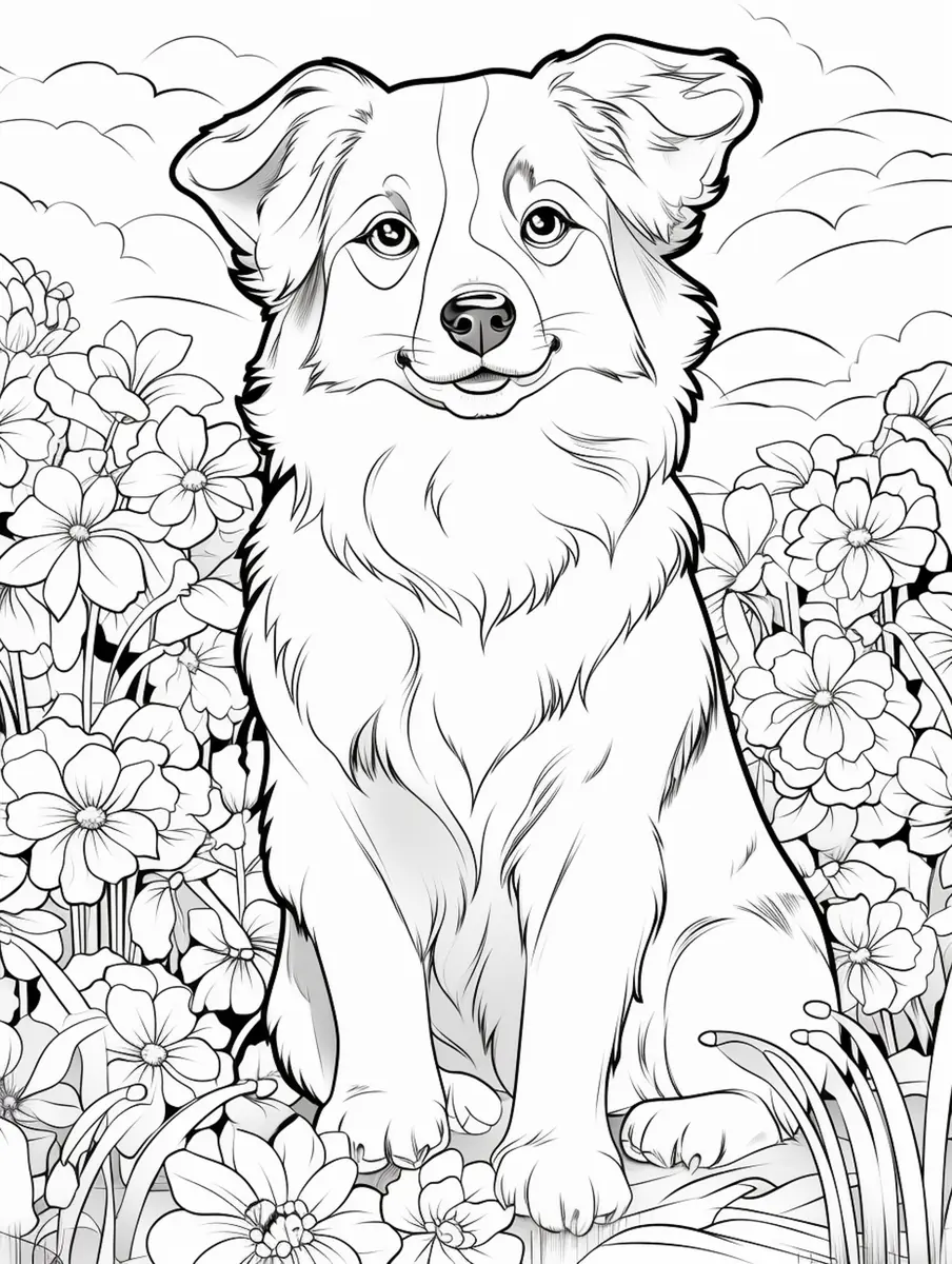Coloriage chien assis dans un champ de fleurs à imprimer